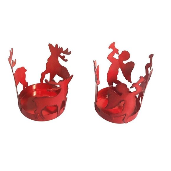Vintage Red Metal Reindeer & Angel Glass Candle Holder Set Holiday Décor - Picture 3 of 6